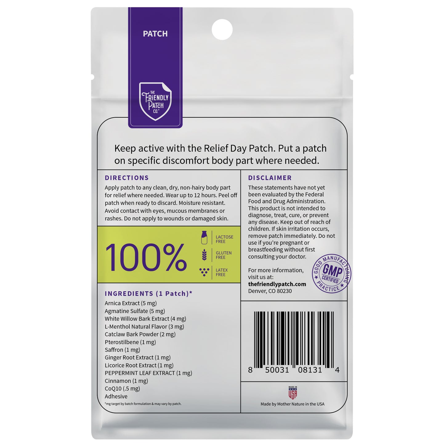 Relief Day Patch - Arnica, White Willow Bark, Menthol for soreness and discomfort