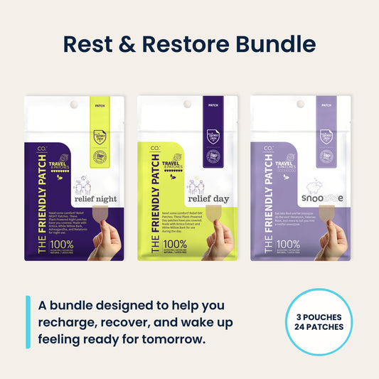 Rest & Restore bundle - Relief Night arnica and melatonin patch, Relief Day pain relief patch and Snooze sleep patch, 3 pouches and 24 patches.